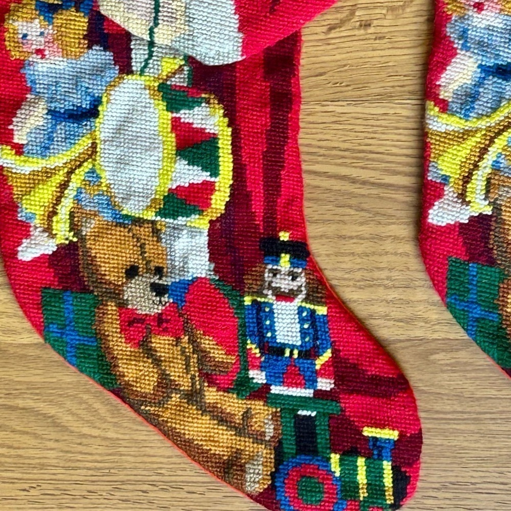 Vintage Handmade Needlepoint Christmas Stockings Set 2 Santa Toys 1990s Decor - Picture 15 of 16